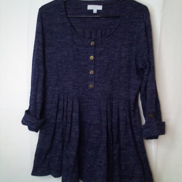 New Directions Shirt Women L Long Roll Tab Sleeve Pleated Top Button Blue - Picture 1 of 16